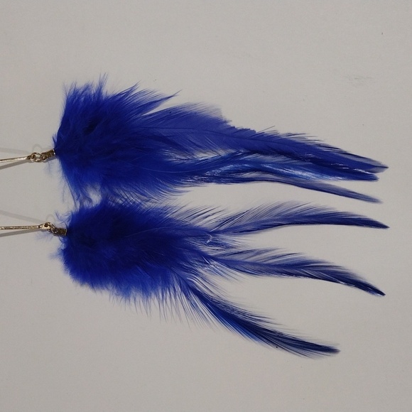 Gold Tone Blue Feather 6.5" Drop Long Post Earrings - Women's  Fashion Jewelry - Picture 3 of 6